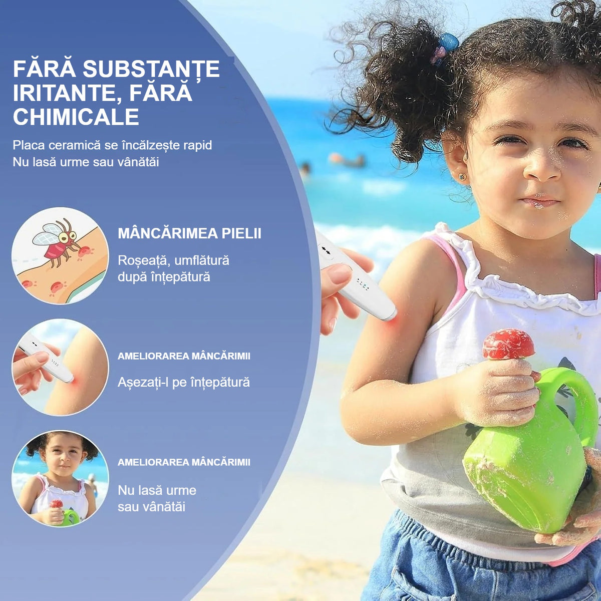 Dispozitiv pentru înțepături de insecte fără substanțe chimice, fetiță în aer liber