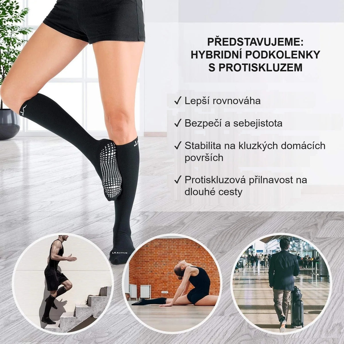 Žena cvičí doma v černých protiskluzových kompresních podkolenkách