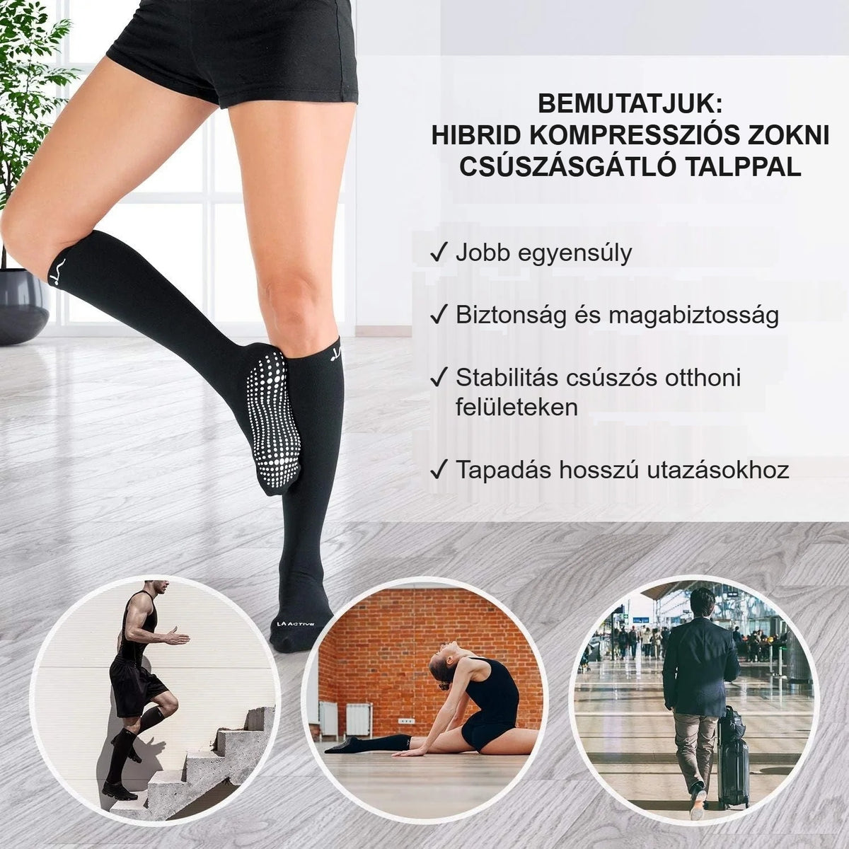 Nő fekete csúszásgátló kompressziós zokniban gyakorol otthon