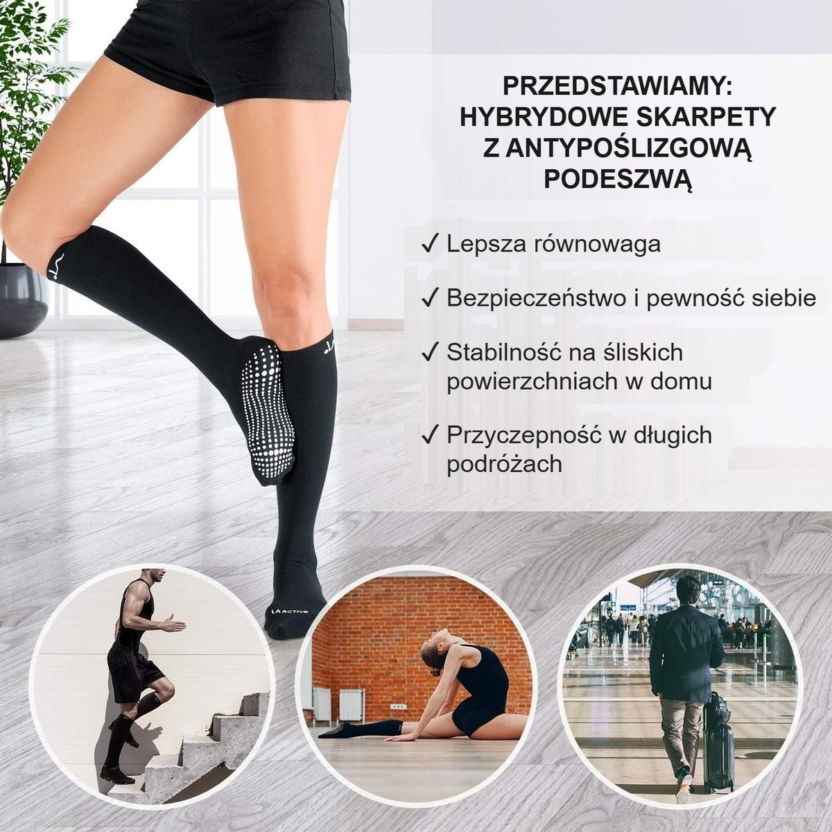 Kobieta ćwiczy w domu w czarnych antypoślizgowych skarpetach kompresyjnych