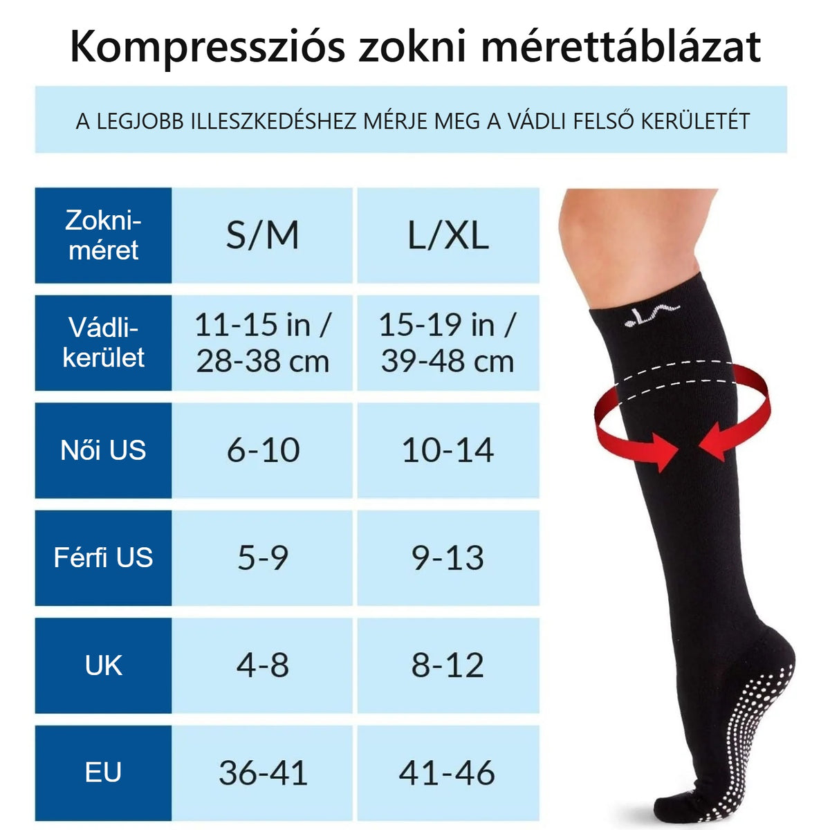 Kompressziós zokni mérettáblázat S/M és L/XL méretben