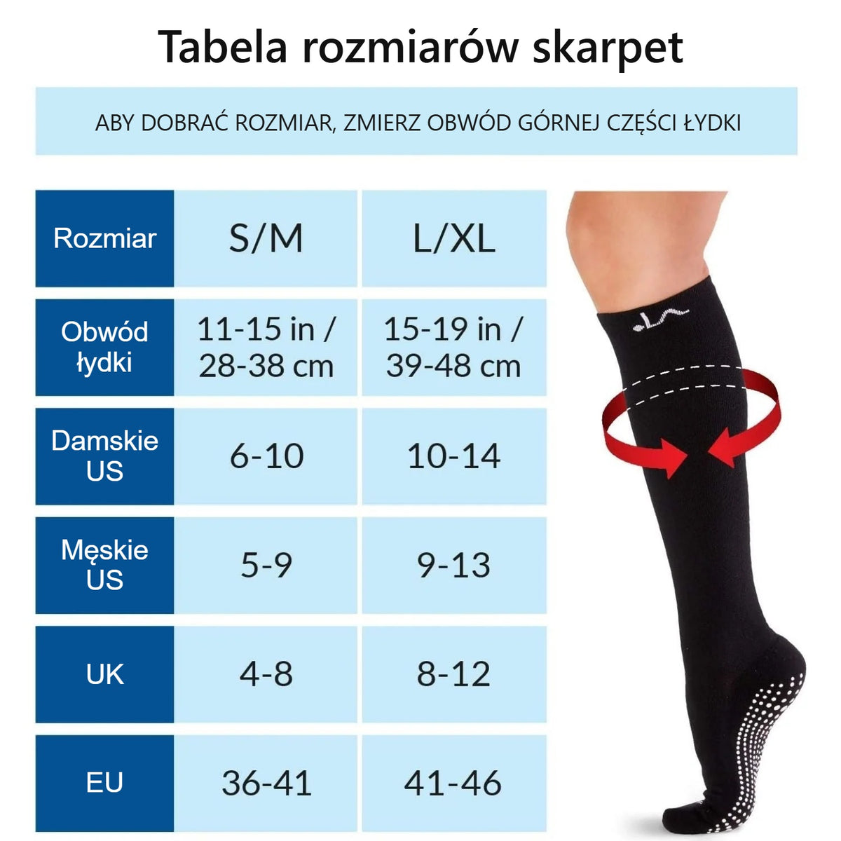 Tabela rozmiarów skarpet kompresyjnych S/M i L/XL