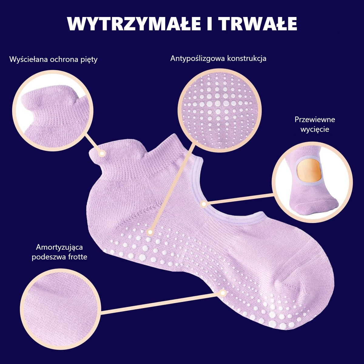 Budowa skarpetek balerina: wyściełana pięta, antypoślizgowa podeszwa