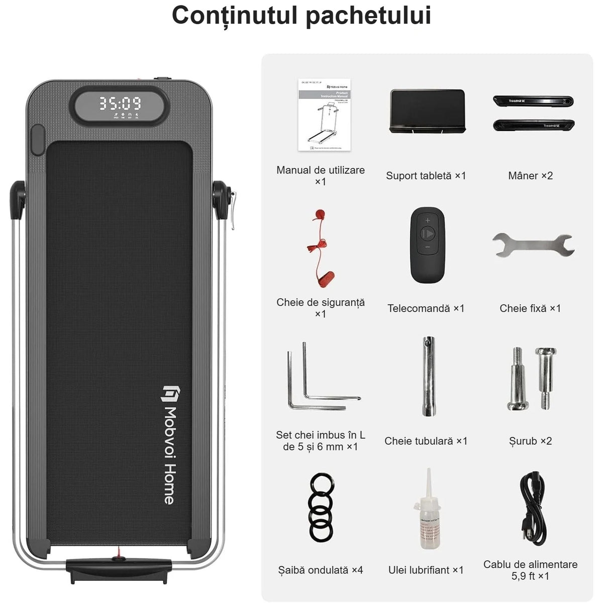 Conținutul pachetului: mânere, suport tabletă, telecomandă, chei, lubrifiant