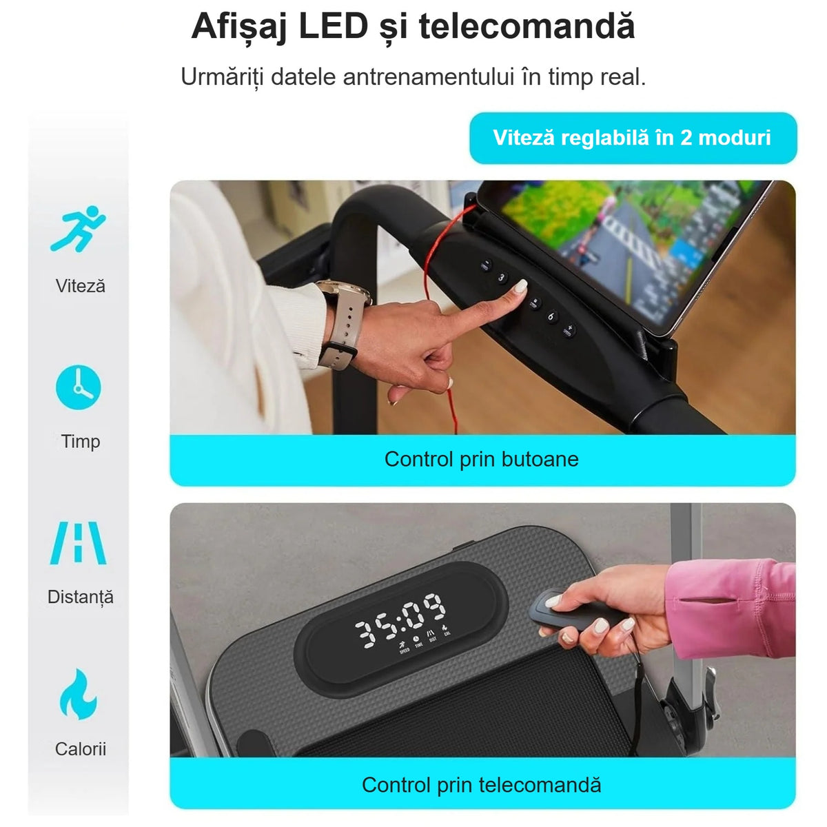 Afișajul LED și telecomanda benzii de alergare: viteză, timp, distanță și calorii