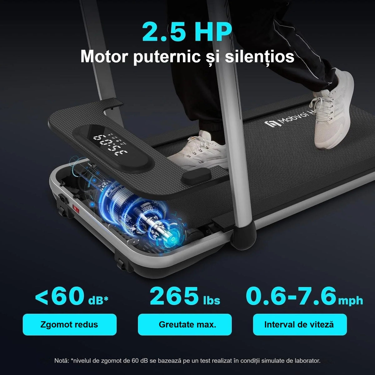 Motorul silențios de 2,5 CP al benzii de alergare și datele de greutate suportată și viteză