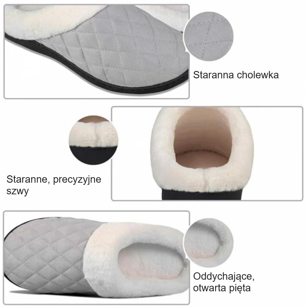 Szczegóły kapci: pikowana cholewka, staranne szwy, otwarta pięta