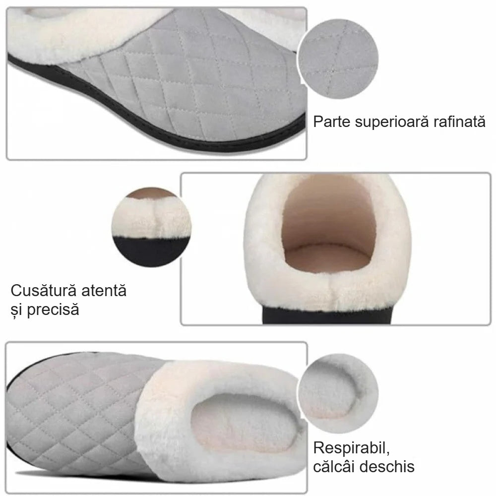 Detaliile papucilor: față matlasată, cusături atente, călcâi deschis