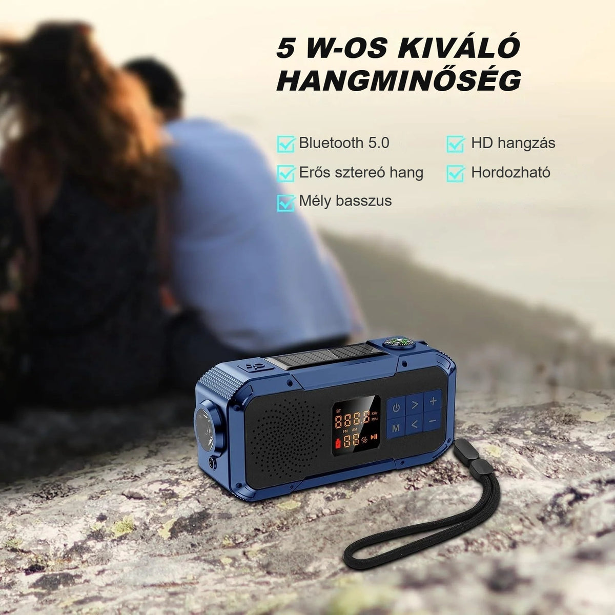 Vészhelyzeti rádió Bluetooth hangszóróként a szabadban, pár a háttérben