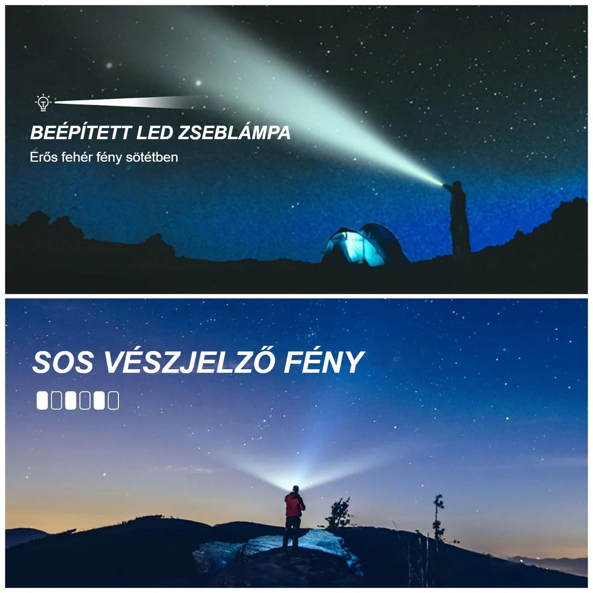 Rádió LED zseblámpája és SOS villogó fénye éjszaka