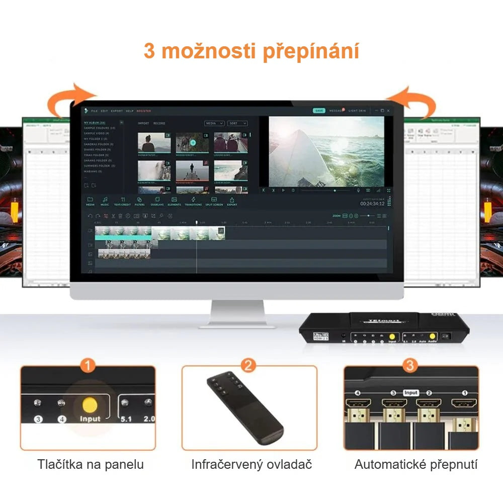 3 způsoby přepínání HDMI přepínače: tlačítko, dálkový ovladač, automaticky
