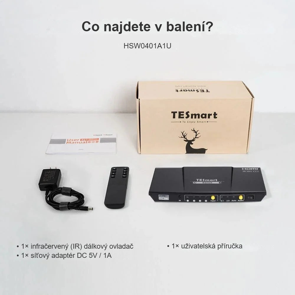 Obsah balení HDMI přepínače s napájecím zdrojem a dálkovým ovladačem