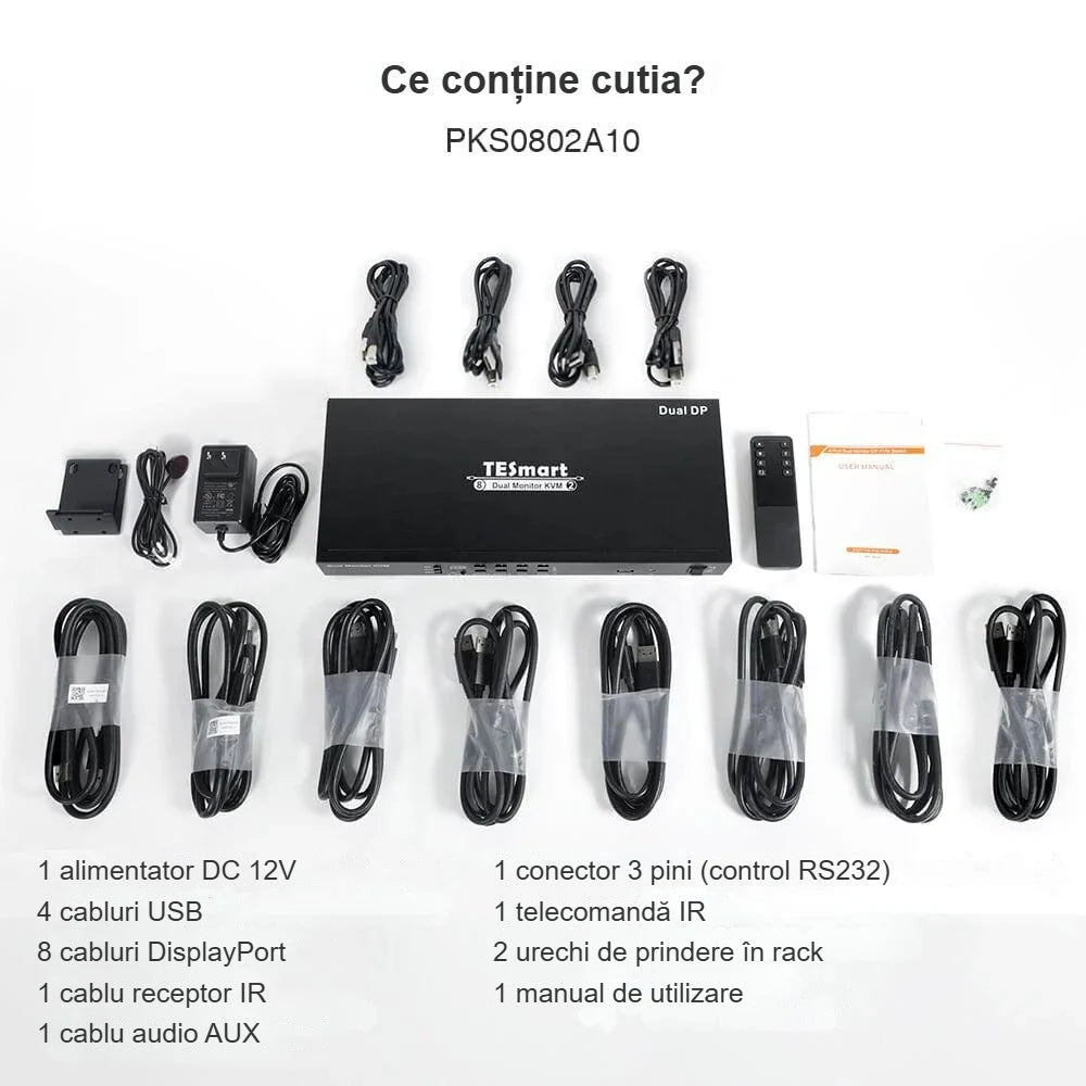 Conținutul pachetului switch-ului KVM DisplayPort, cu cabluri și telecomandă