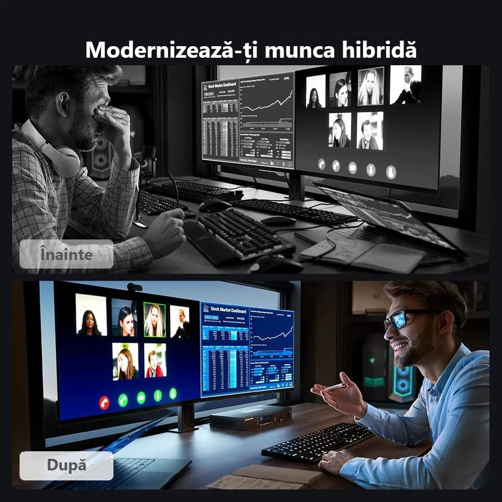 Stație de lucru hibridă cu două monitoare și switch KVM DisplayPort