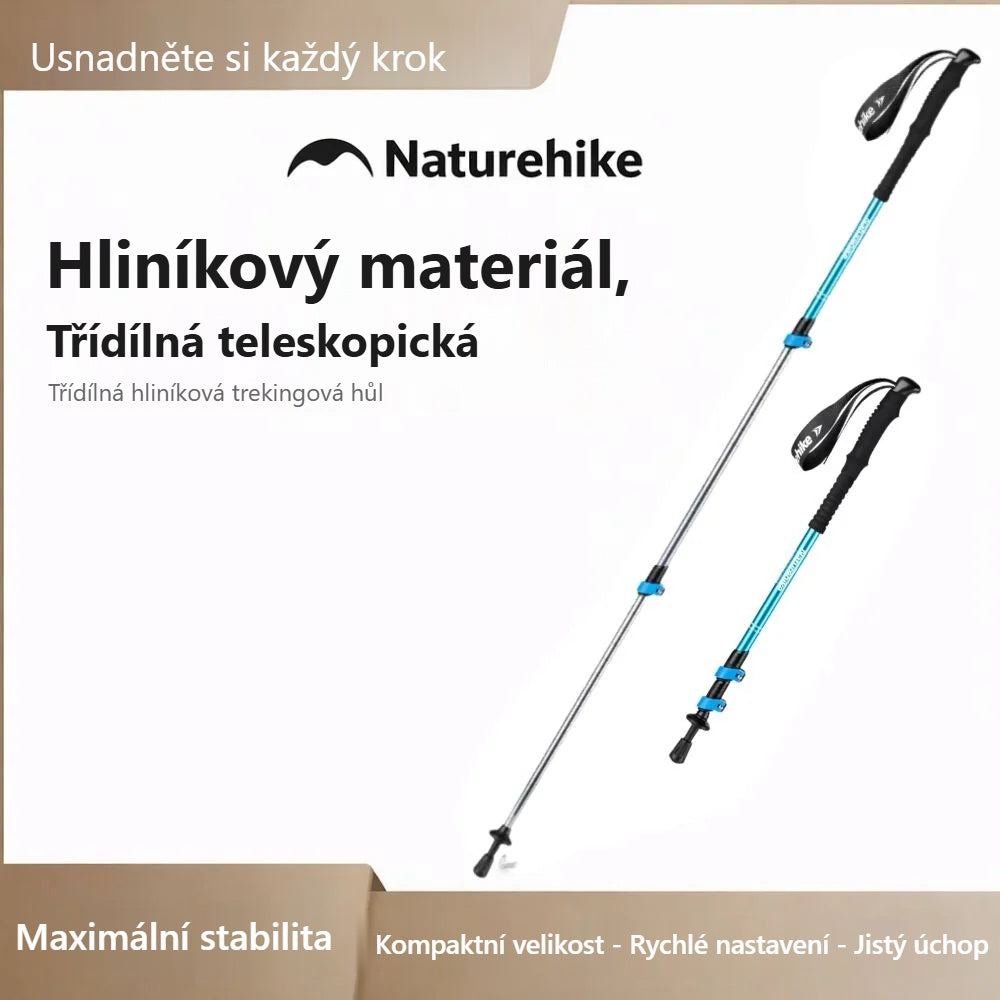 Třídílná teleskopická trekingová hůl Naturehike na bílém pozadí