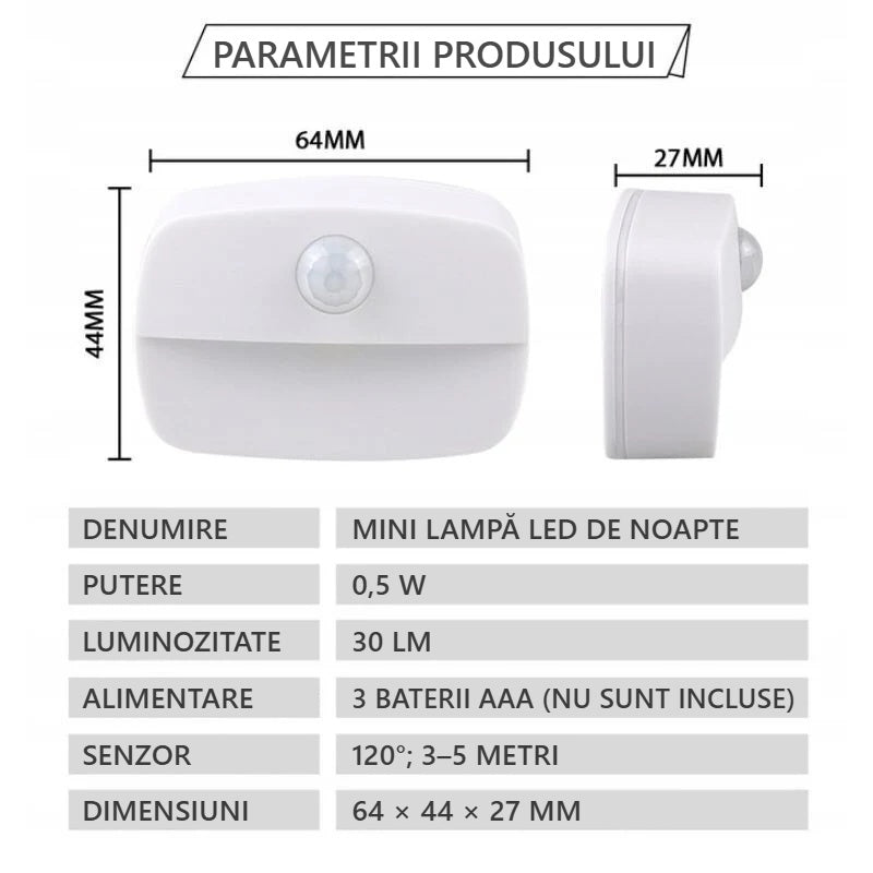 Specificațiile tehnice ale lămpii LED cu senzor de mișcare într-un tabel