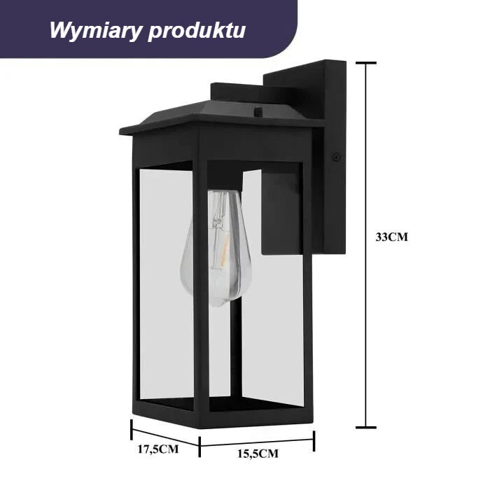 Wymiary zewnętrznej lampy ściennej: 33 × 17 × 15 cm
