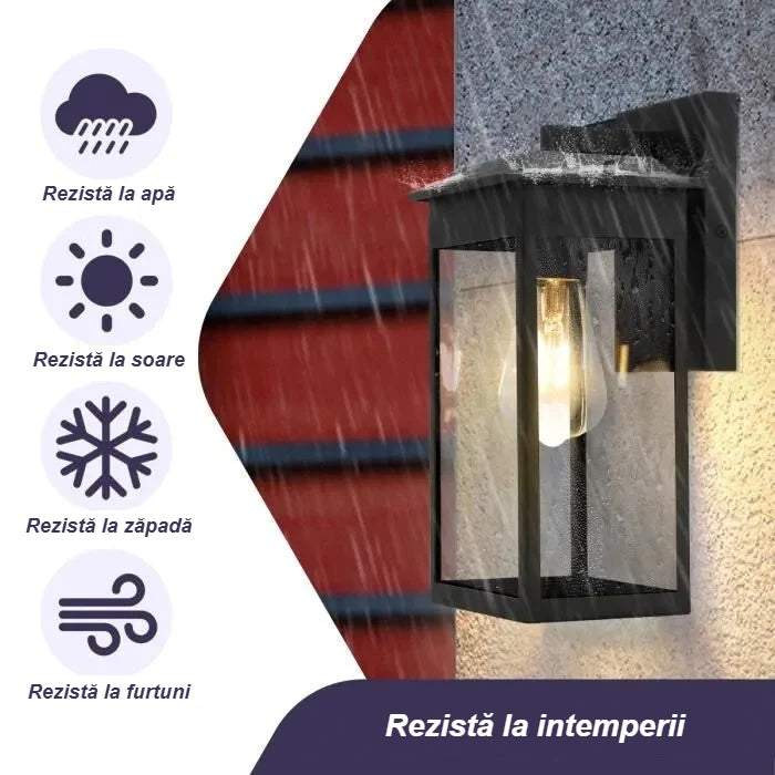 Aplică exterior pe zid de cărămidă, rezistentă la apă, soare, zăpadă și furtună