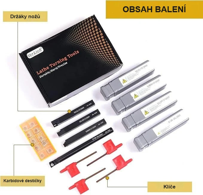 Sada soustružnických nožů v úložném boxu s obsahem balení