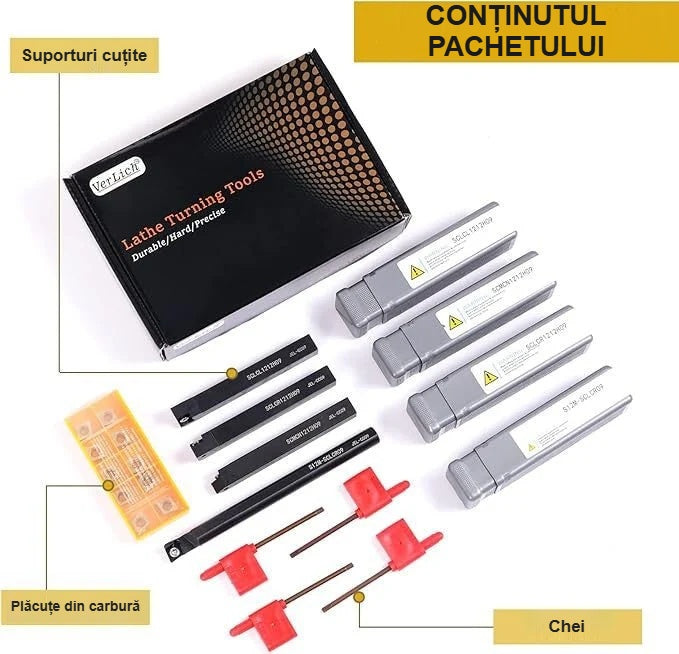Set cuțite de strung în cutie de depozitare, cu conținutul pachetului