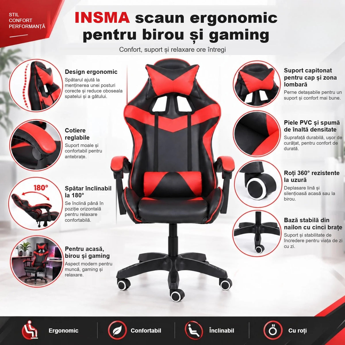 Funcțiile scaunului de gaming ergonomic Insma, cu ilustrații