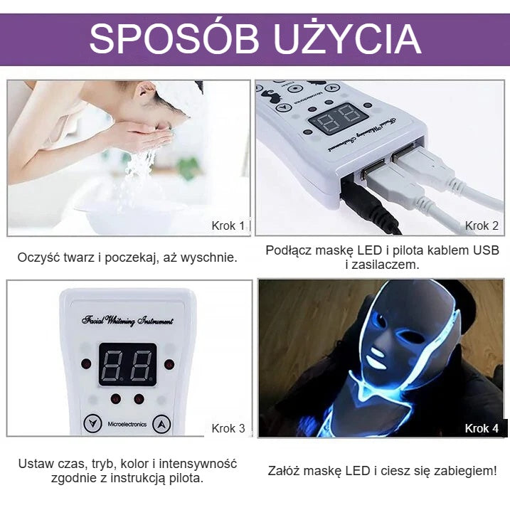 Maska LED na twarz i szyję – użycie w 4 krokach, podłączenie i ustawienia