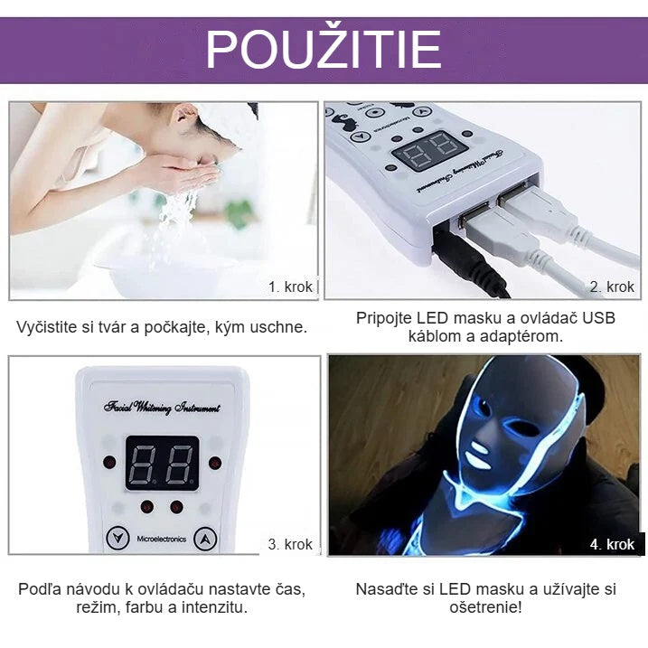 Použitie LED masky na tvár a krk v 4 krokoch, pripojenie a nastavenie