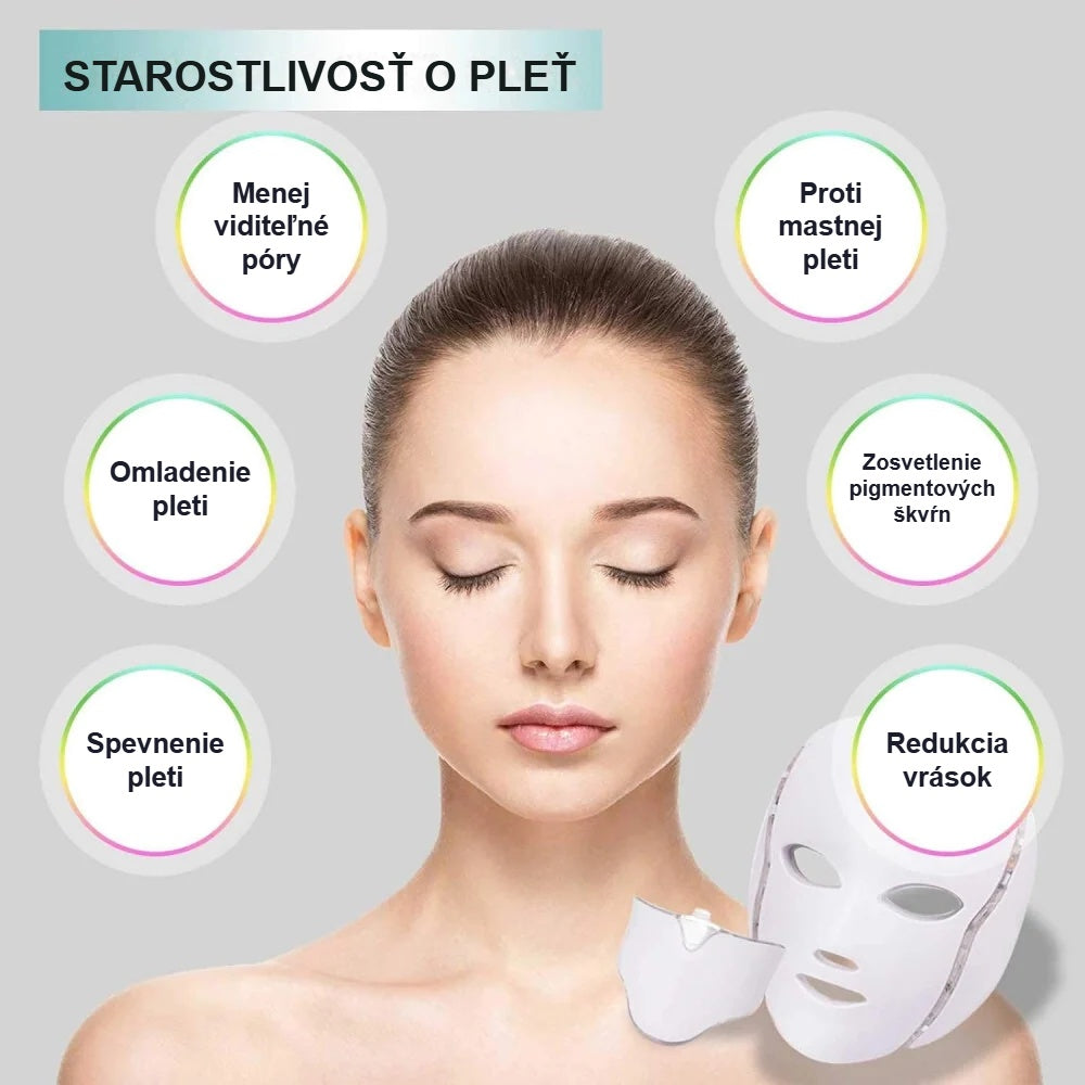 Žena v bielej LED maske na tvár a krk s ikonami starostlivosti o pleť