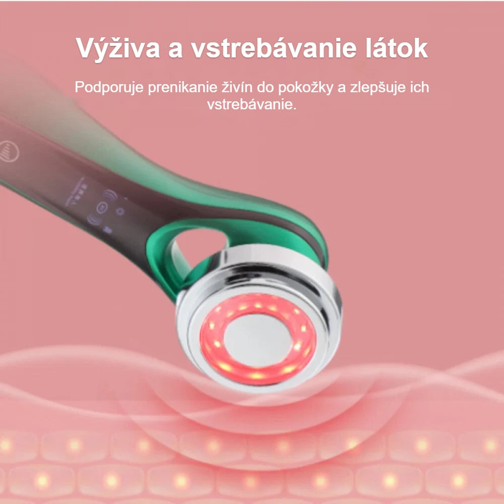 Masážny prístroj na tvár s červeným svetlom na pokožke, vyživujúca funkcia