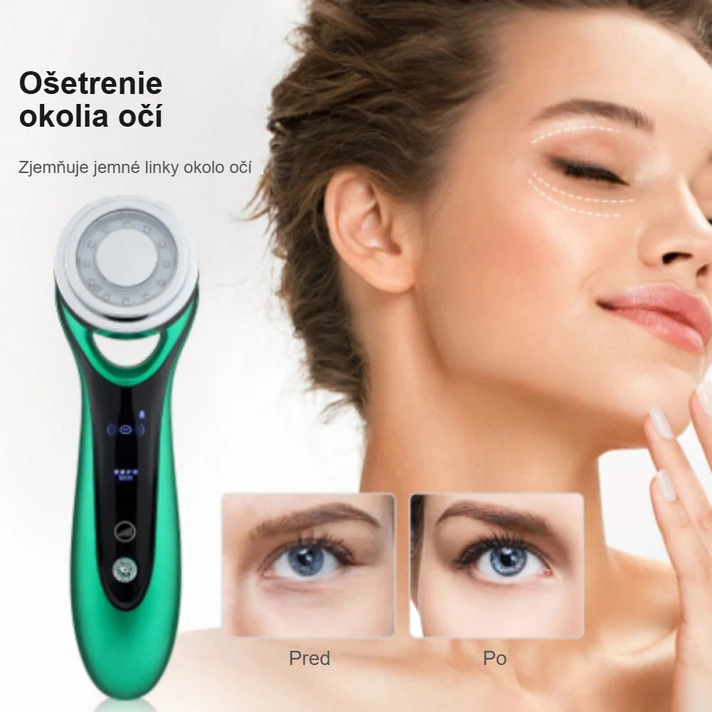 Masážny prístroj na tvár na okolie očí, tvár ženy pred a po
