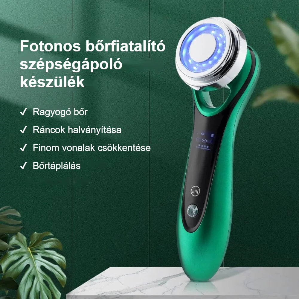 Fotonos bőrfiatalító készülék zöld háttér előtt, jellemzők listájával