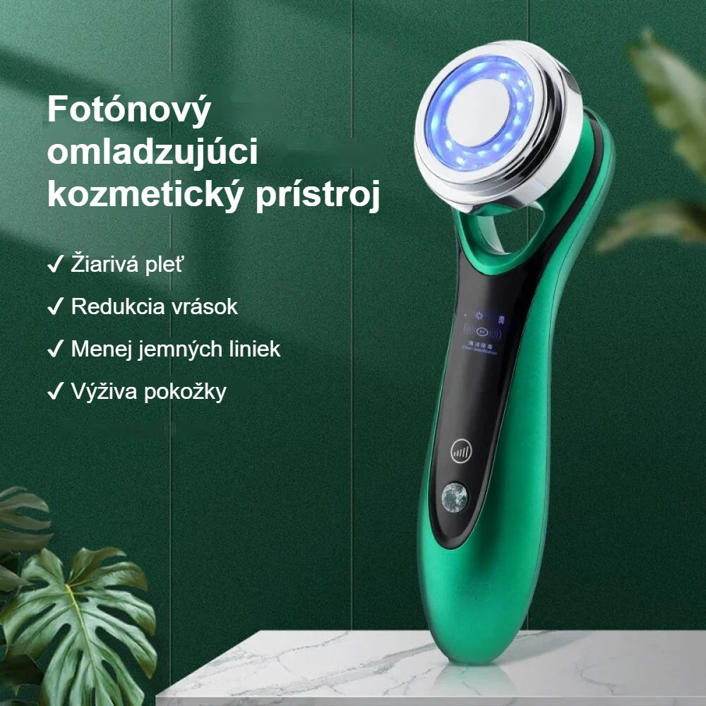 Fotónový omladzujúci prístroj na zelenom pozadí so zoznamom vlastností