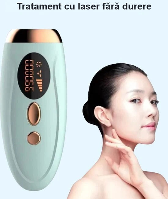 Epilator IPL turcoaz și femeie, tratament facial acasă