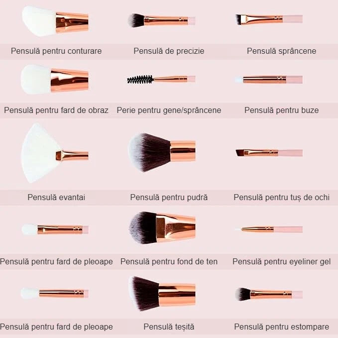 Cele 15 pensule din set, una câte una: pensule pentru față, ochi, sprâncene și buze