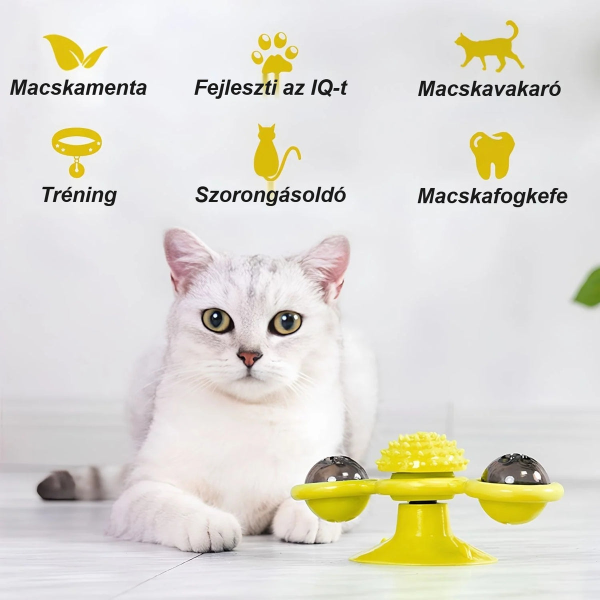 Szélmalom macskajáték funkciói: macskamenta, IQ-fejlesztés, vakaró, fogkefe