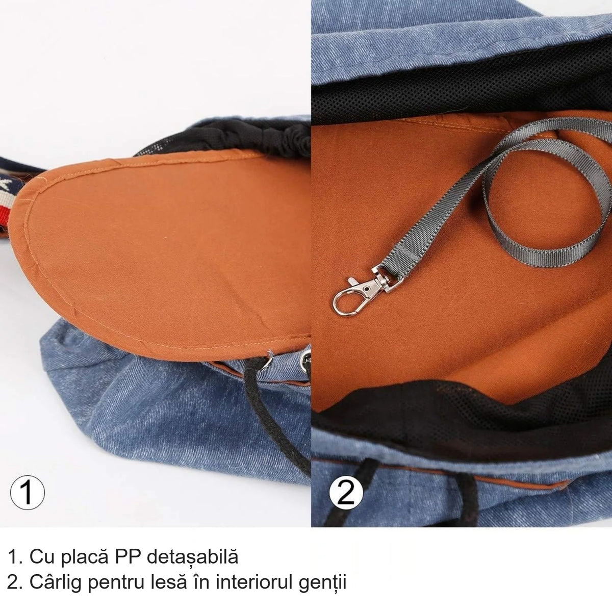 Placa PP detașabilă și cârligul interior pentru lesă ale genții de transport