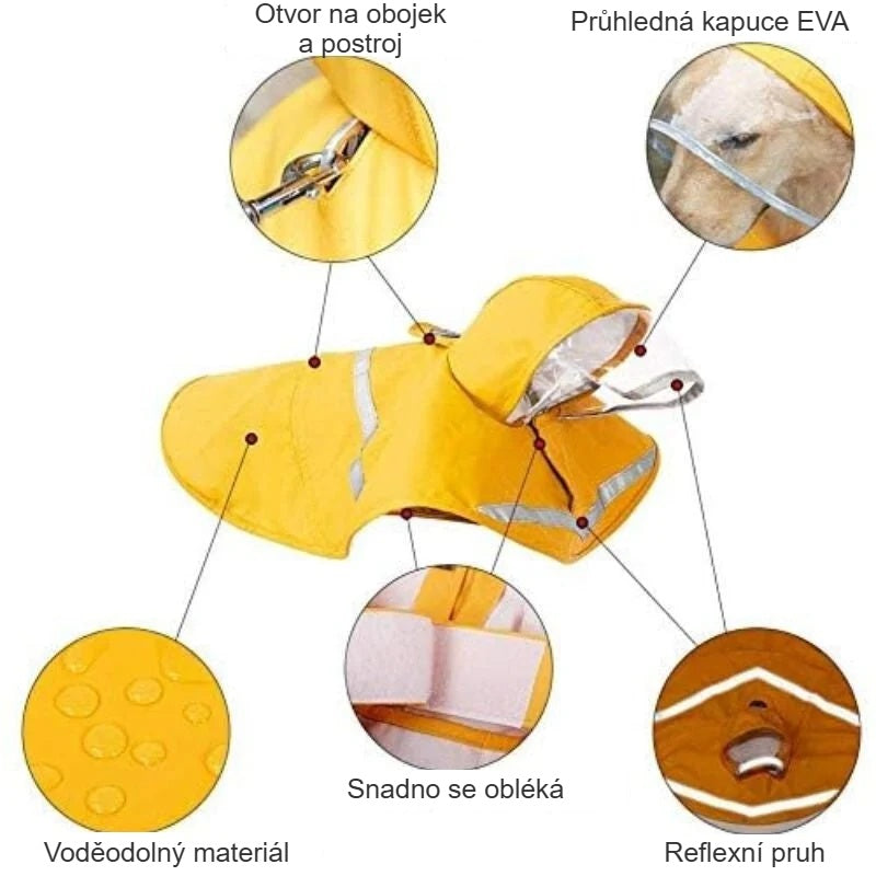Detaily pláštěnky pro psa: otvor na obojek a postroj, kapuce z EVA, zapínání, reflexní pruh