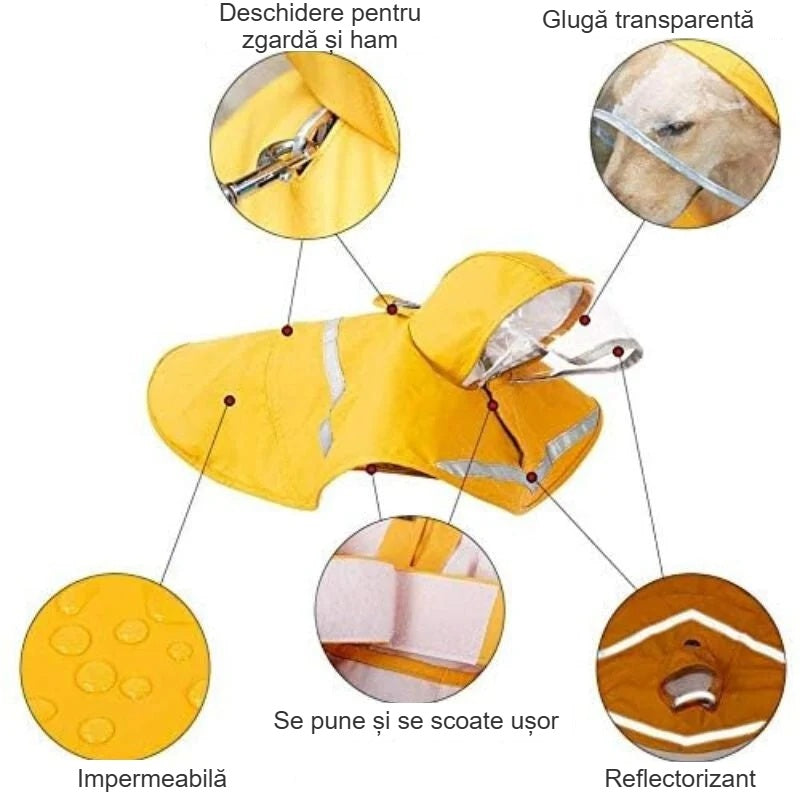 Detalii pelerină: deschidere pentru zgardă și ham, glugă EVA, închidere, dungă reflectorizantă