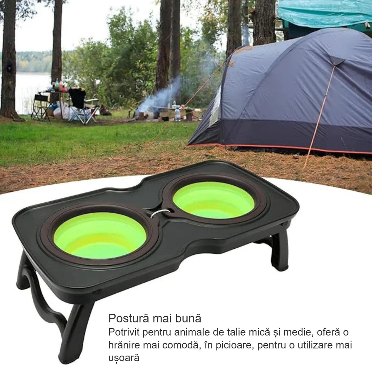 Bol înălțat de călătorie pentru câini în iarbă, la camping, lângă cort