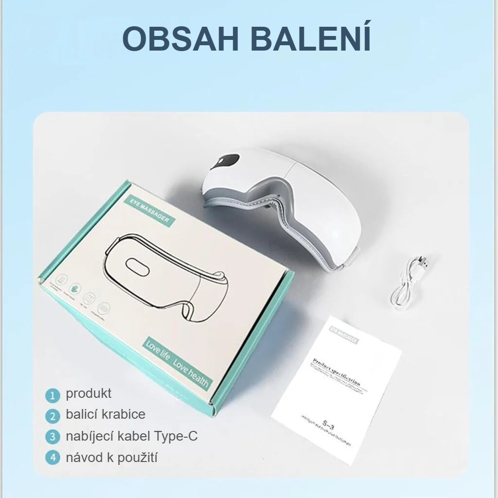 Obsah balení masážního přístroje na oči: krabice, nabíjecí kabel, návod