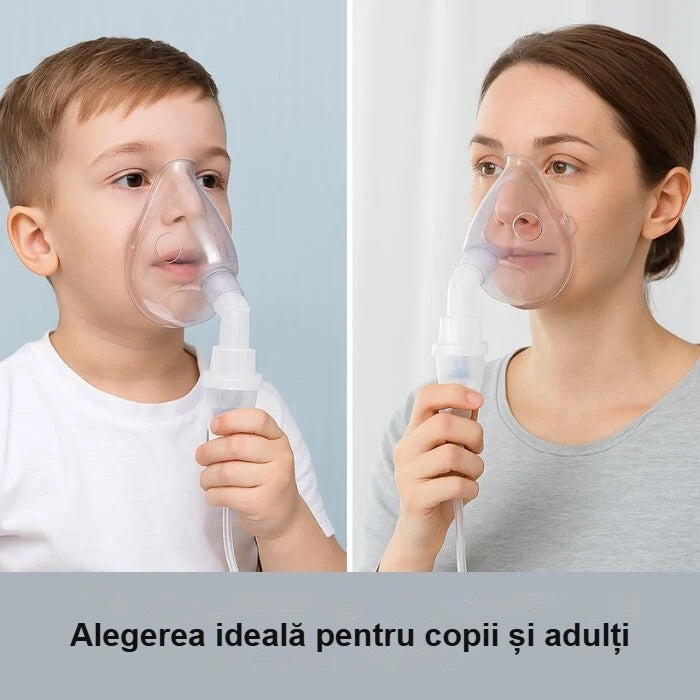 Copil și adult care fac inhalații cu mască acasă
