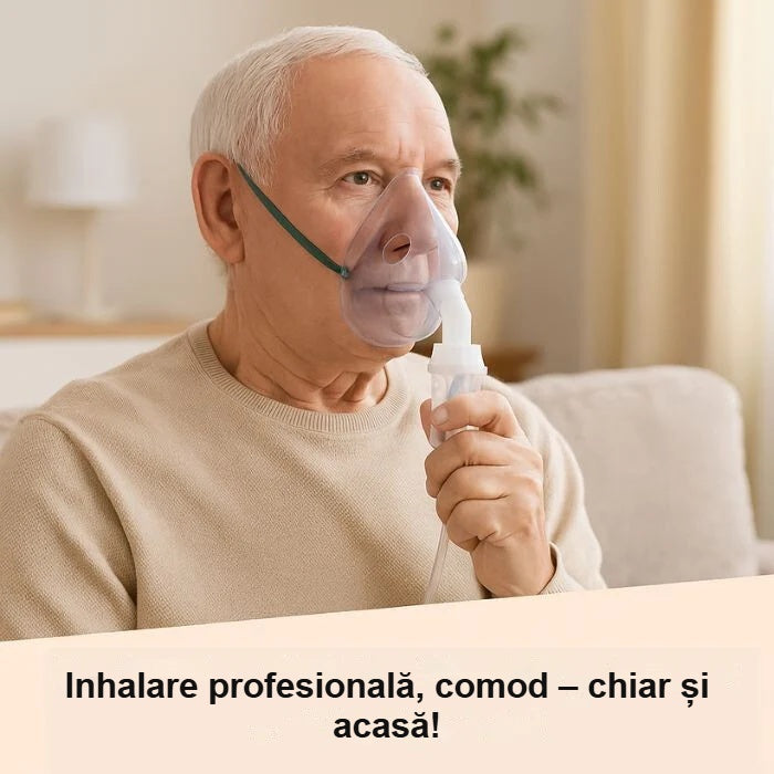 Bărbat în vârstă care face inhalații cu masca pentru adulți acasă