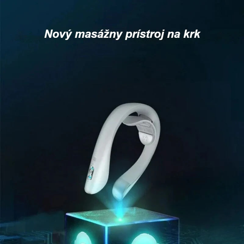 Biely masážny prístroj na krčnú chrbticu v modrom svetle