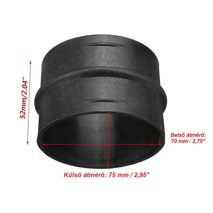 Csőcsatlakozó méretei: 52 mm hossz, 75 mm külső, 70 mm belső átmérő