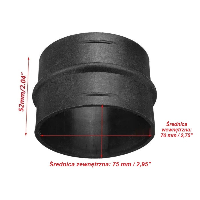 Wymiary złączki: długość 52 mm, średnica zewnętrzna 75 mm, wewnętrzna 70 mm