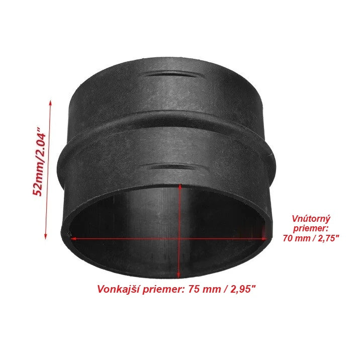 Rozmery spojky: dĺžka 52 mm, vonkajší priemer 75 mm, vnútorný 70 mm