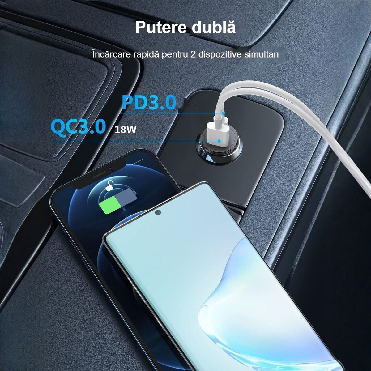 Încărcarea simultană a două telefoane prin cele două porturi ale încărcătorului auto