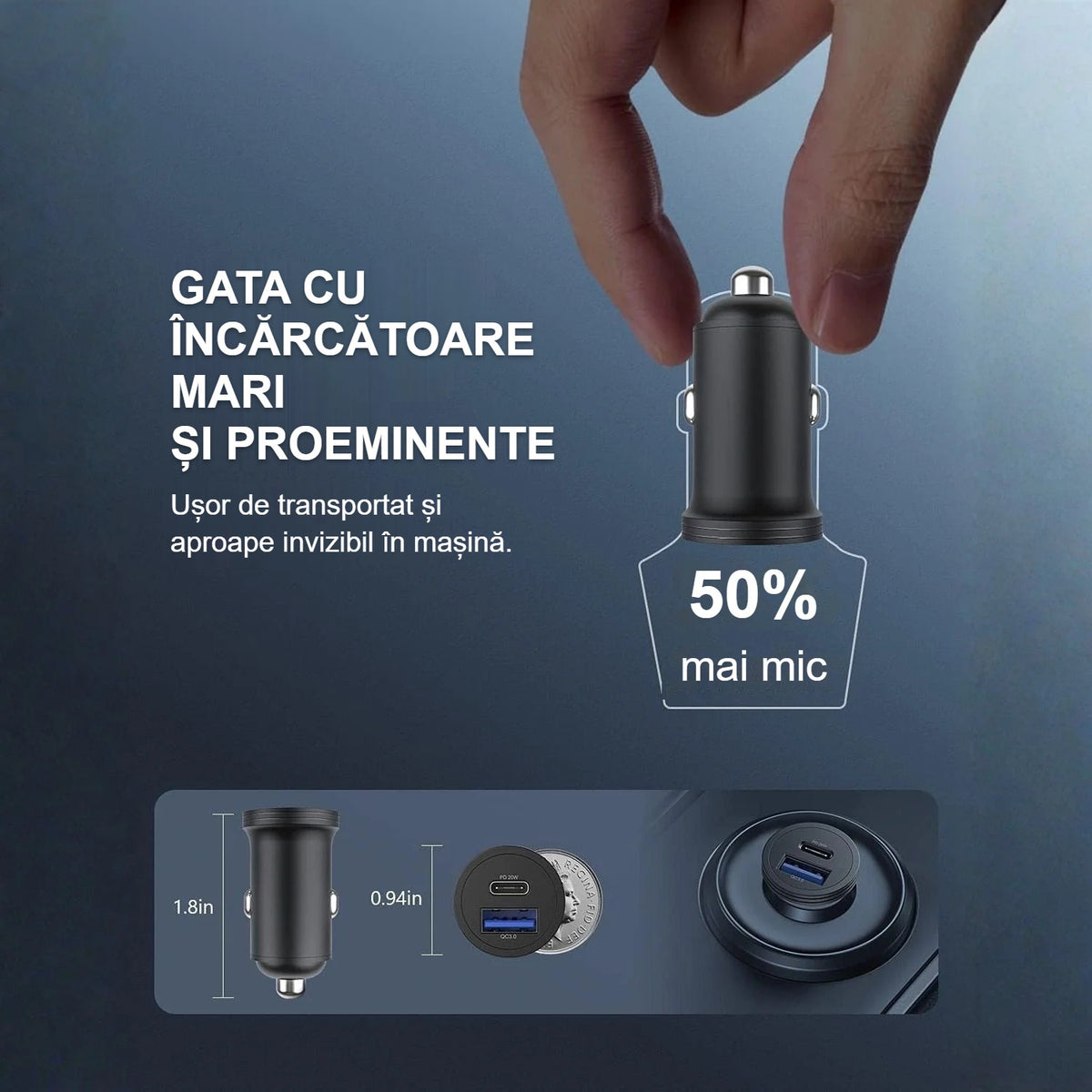 Introducerea încărcătorului auto compact, cu cap scurt, pentru ilustrarea dimensiunii reduse