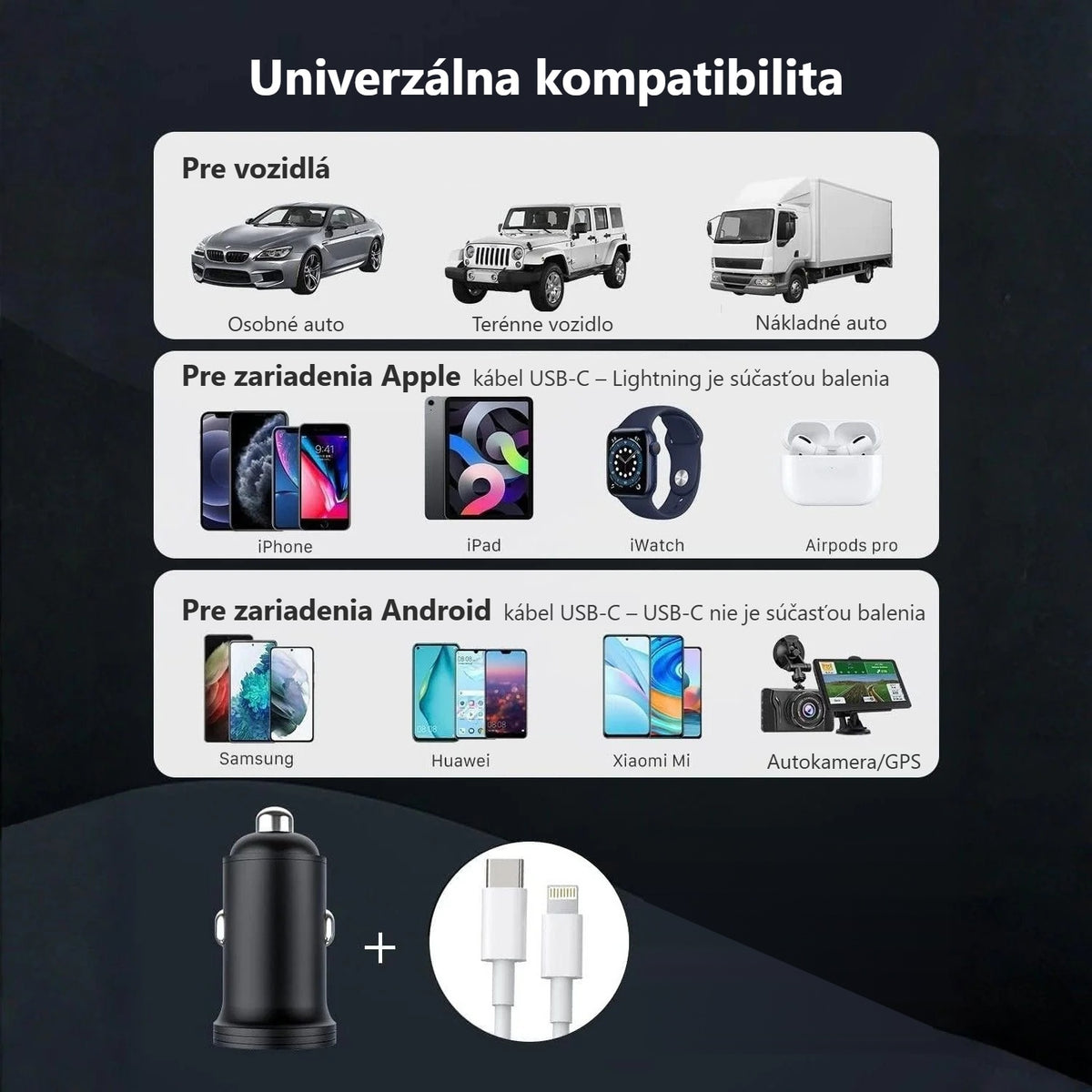 Kompatibilita nabíjačky do auta s vozidlami 12 a 24 V, zariadeniami Apple a Android