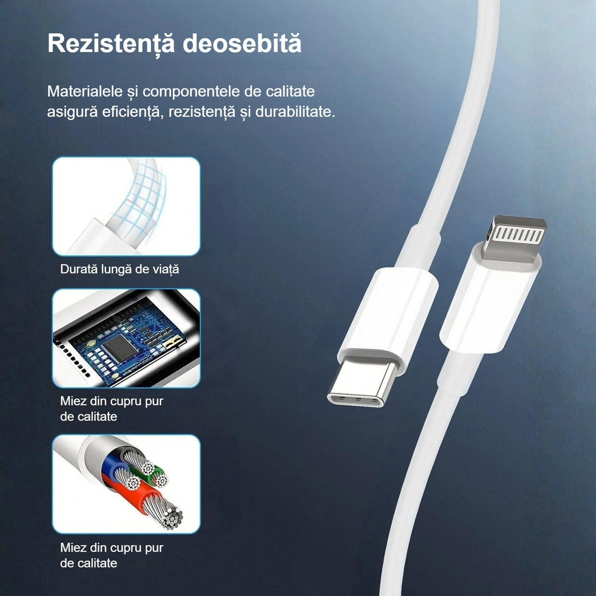 Detaliile cablului USB-C–Lightning rezistent pentru încărcătorul auto